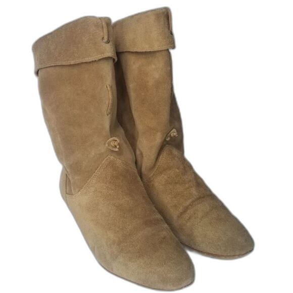 1980s Vintage Brown Suede Folded Slide On Slouch Wide Leg Almond Toe Boots 7M - Picture 6 of 9